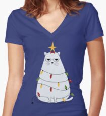 Grumpy Christmas Cat Women's Fitted V-Neck T-Shirt