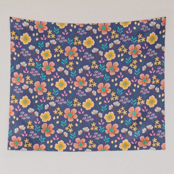 Item preview, vibrant blue orange flowers designed and sold by inkbearblue.
