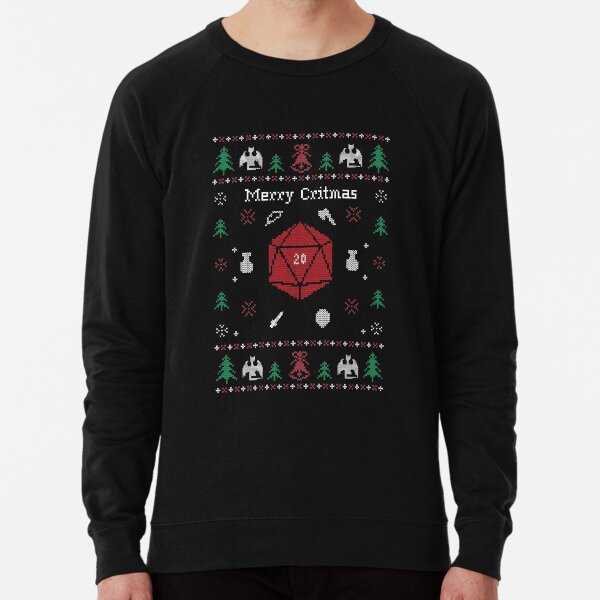 Merry Critmas Black Ugly Christmas Sweater Design for Dungeons and Dragons or Tabletop RPG Lightweight Sweatshirt