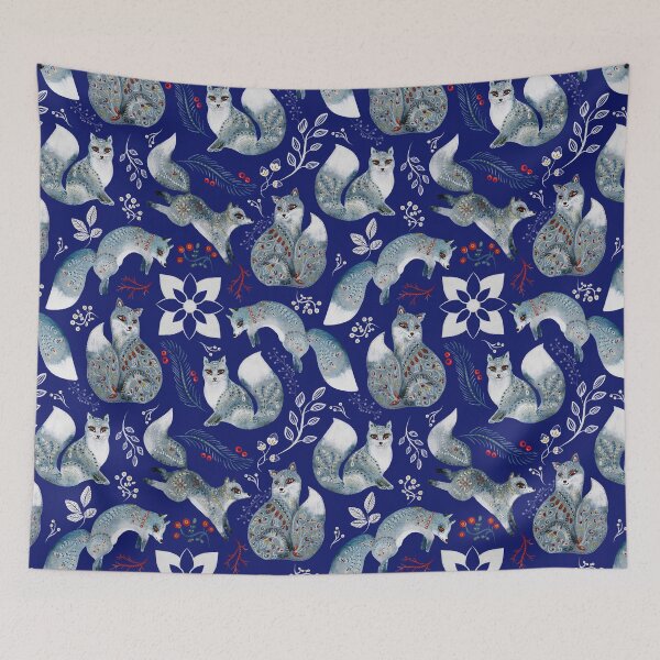 Item preview, Snow fox winter forest Christmas pattern blue cottagecore aesthetic designed and sold by PG Illustration.