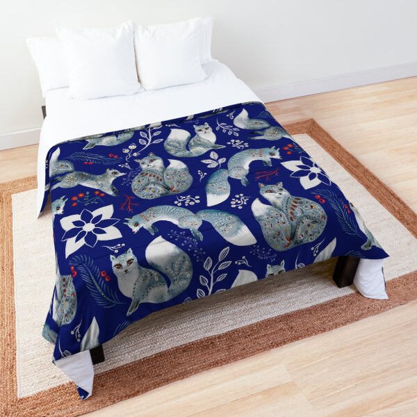 Snow fox winter forest Christmas pattern blue cottagecore aesthetic Comforter