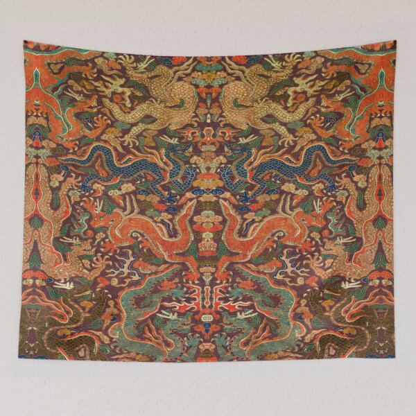 Item preview, CROWDED DRAGONS CHASING FLAMING PEARLS Antique Tapestry designed and sold by BulganLumini.
