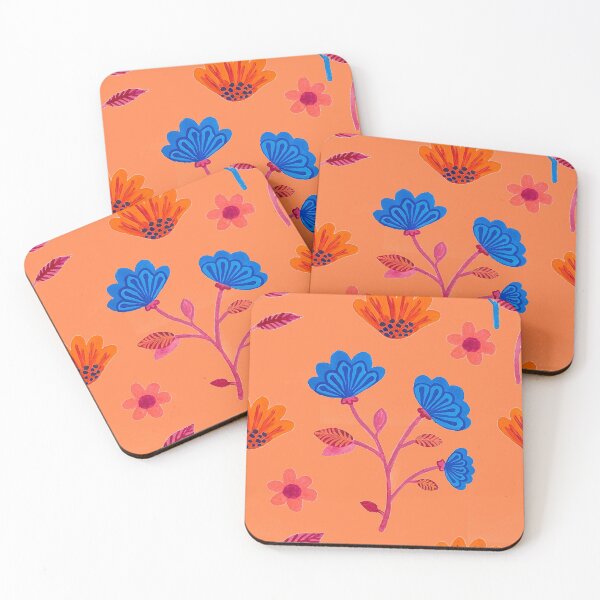 Item preview, Bue and orange floral gouche printed patttern designed and sold by Stuckinadream.