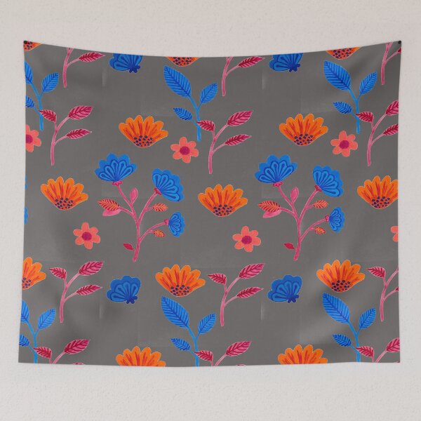 Item preview, Copy of Bue and orange floral gouche printed patttern designed and sold by Stuckinadream.