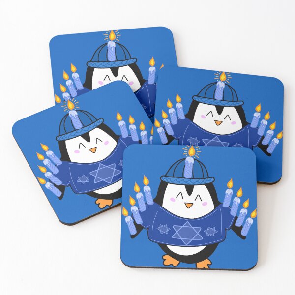 Item preview, Cute Hanukkah Penguin Cartoon Dressed as a Menorah with Blue Sweater and Hat on a Dark Blue Backdrop, made by EndlessEmporium designed and sold by EndlessEmporium.