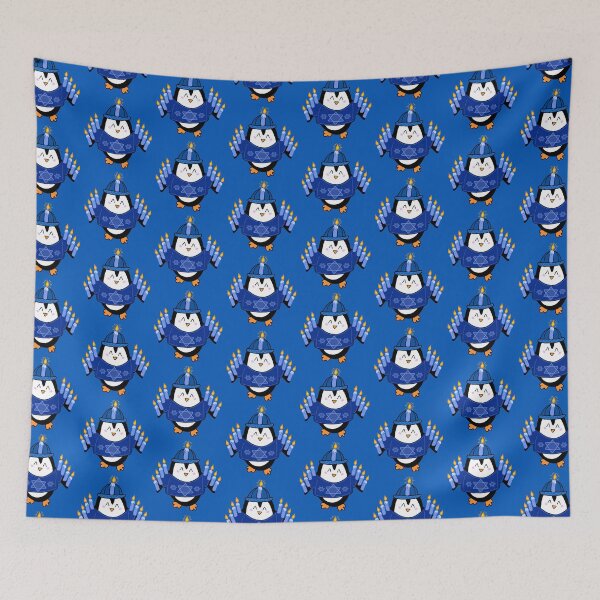 Item preview, Cute Hanukkah Penguin Cartoon Dressed as a Menorah with Blue Sweater and Hat on a Dark Blue Backdrop, made by EndlessEmporium designed and sold by EndlessEmporium.