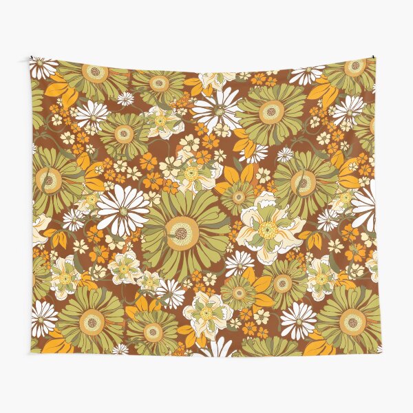 70s Retro Vintage Flower Power pattern boho, orange, brown, Tapestry