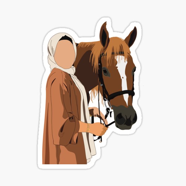 girl wearing hijab with her horse illustration Sticker