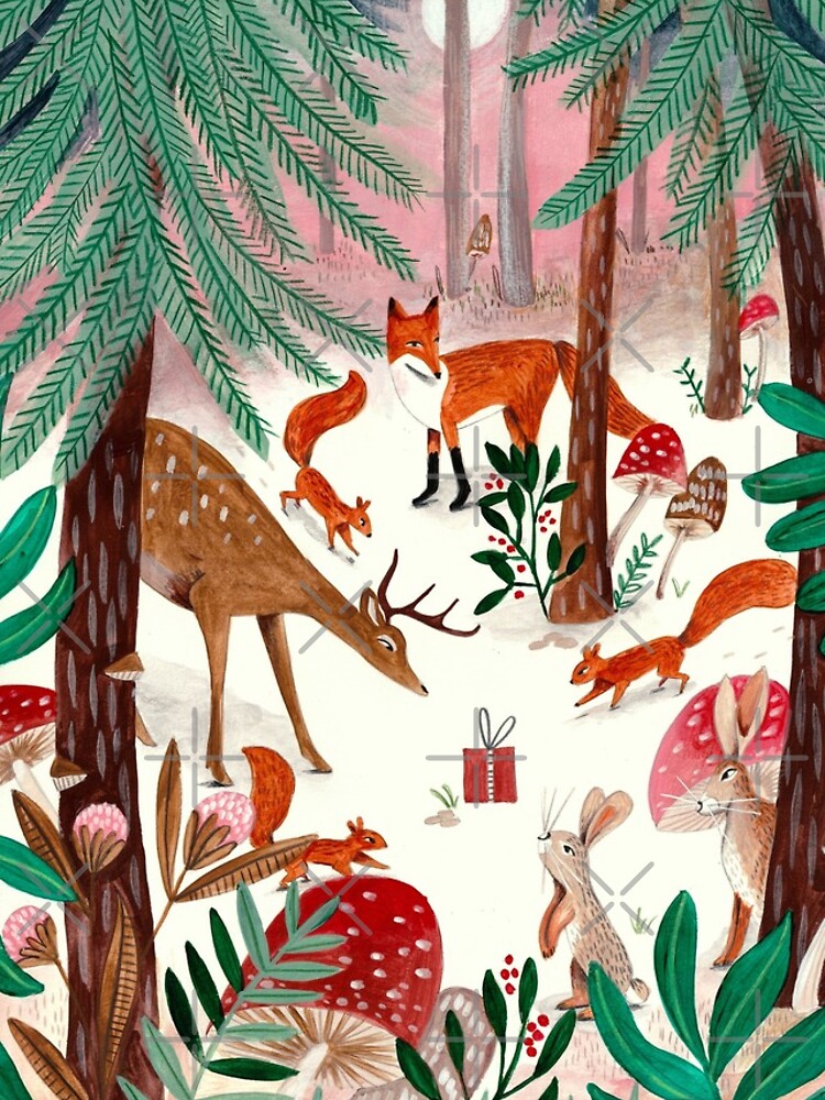 Whimsical woodland animals forest in the snow by CarolineBMuller