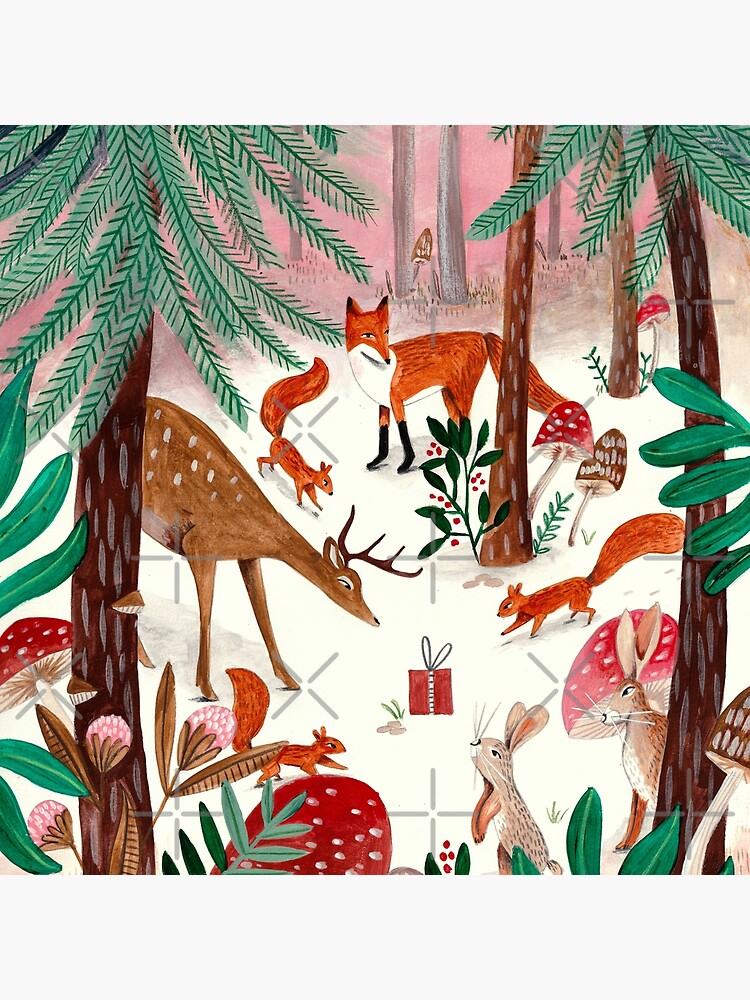 Whimsical woodland animals forest in the snow by CarolineBMuller