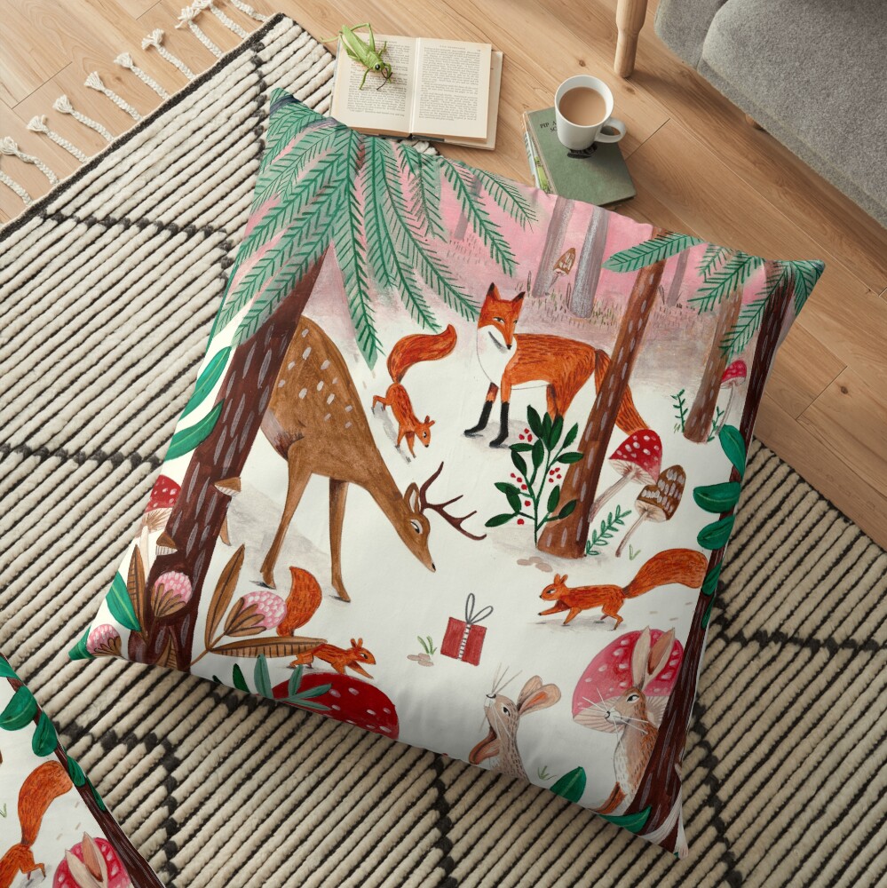 Whimsical woodland animals forest in the snow Floor Pillow
