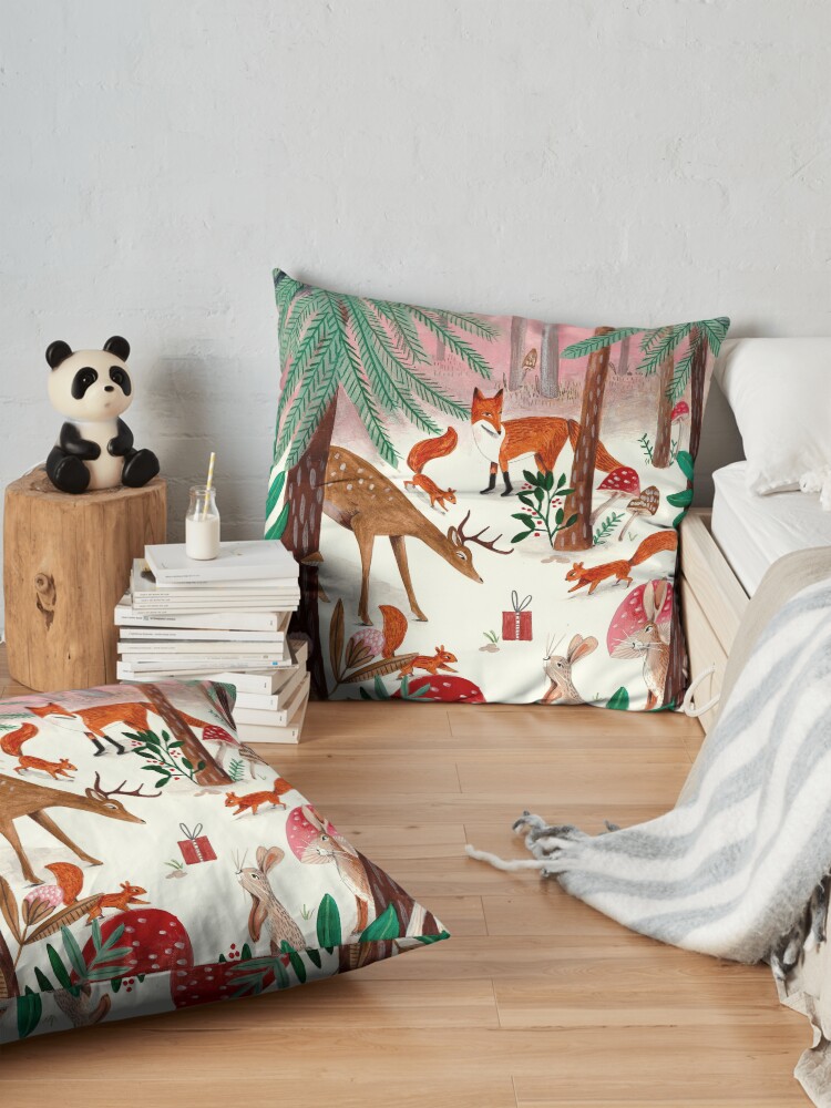 Alternate view of Whimsical woodland animals forest in the snow Floor Pillow