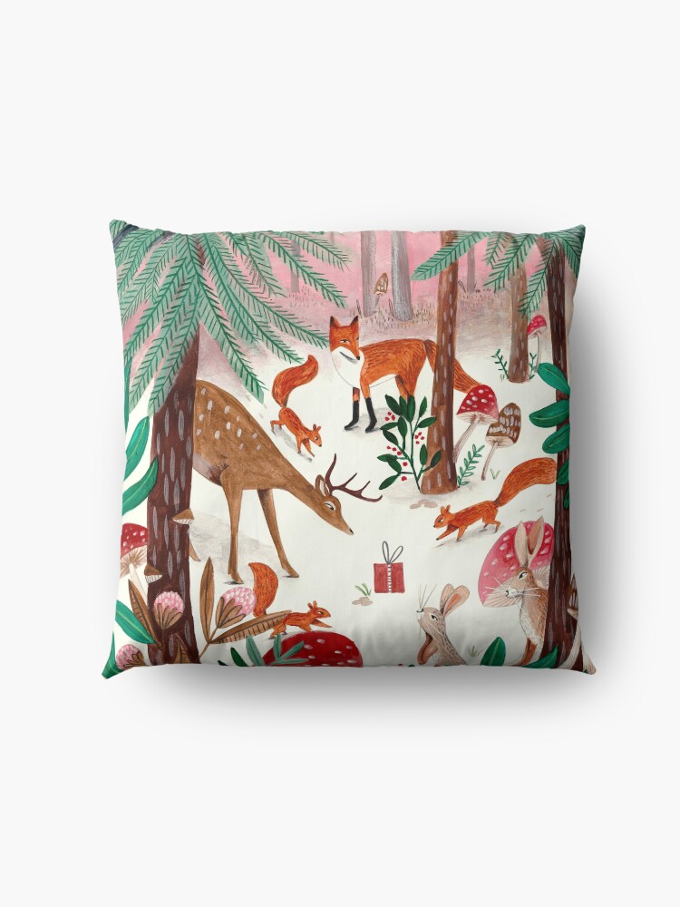 Alternate view of Whimsical woodland animals forest in the snow Floor Pillow
