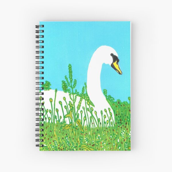Handmade Linoprint of Swan Spiral Notebook