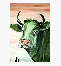 green cow expressionism acrylic painting face pink sky Photographic Print