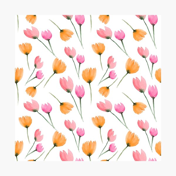 Watercolor Orange and Pink Flowers. Wild Flowers Seamless Pattern Photographic Print