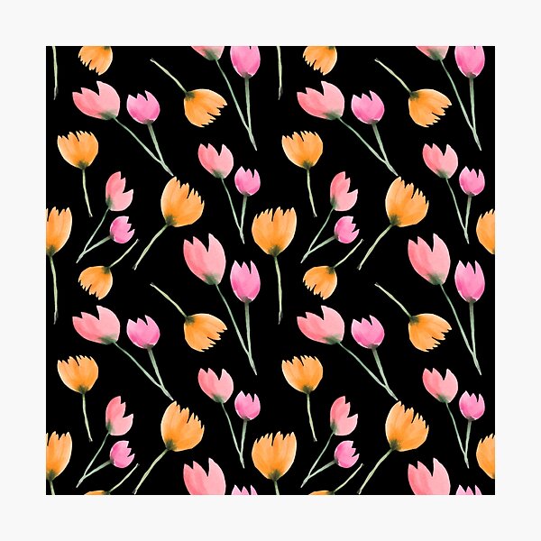 Watercolor Orange and Pink Flowers. Wild Flowers Seamless Pattern on Black Background Photographic Print