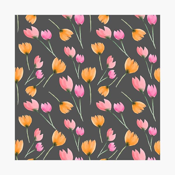 Watercolor Orange and Pink Flowers. Wild Flowers Seamless Pattern on Gray Background Photographic Print