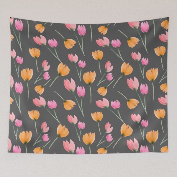 Item preview, Watercolor Orange and Pink Flowers. Wild Flowers Seamless Pattern on Gray Background designed and sold by silviaol.