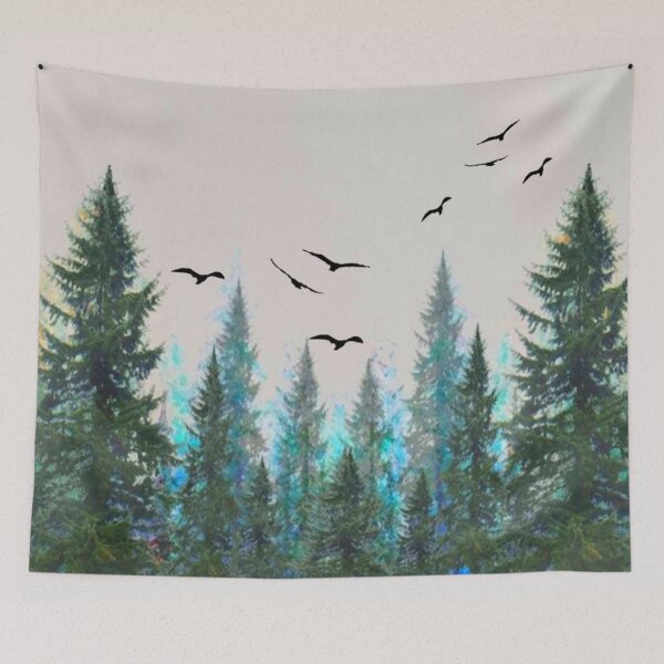 Item preview, SCENIC GREEN PINES FOREST FLYING BIRDS NATURE ART designed and sold by sharlesart.