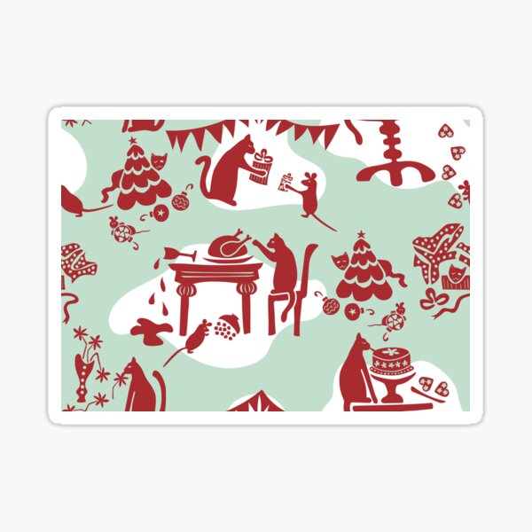 “ Kitty Cat’s Holiday Traditions Toile” Festive Christmas Mint Green Red Designer Print Sticker