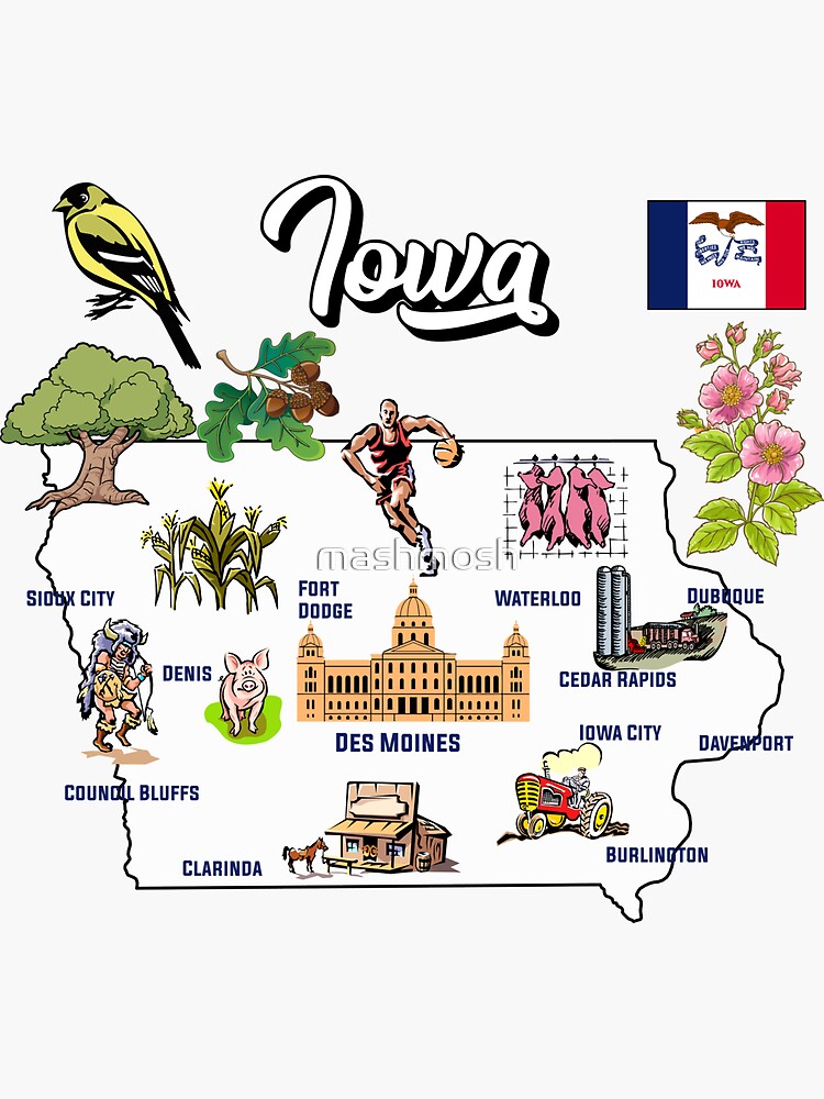 illustrated Map of Iowa in US with the major Cities, symbols and  attractions | Sticker