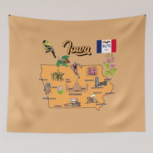 Item preview, Hand Drawn Illustration of Iowa state Map with Tourist Destinations, USA designed and sold by mashmosh.