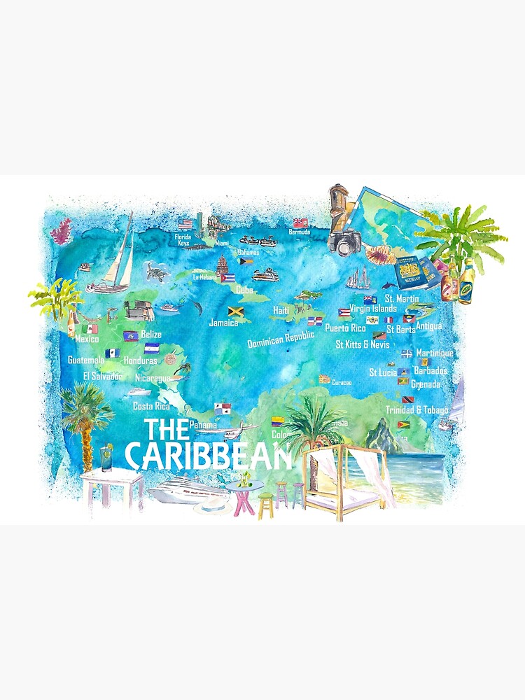 Disover Eastern and Western Caribbean Illustrated Travel Map with Landmarks Highlights and Impressions Premium Matte Vertical Poster