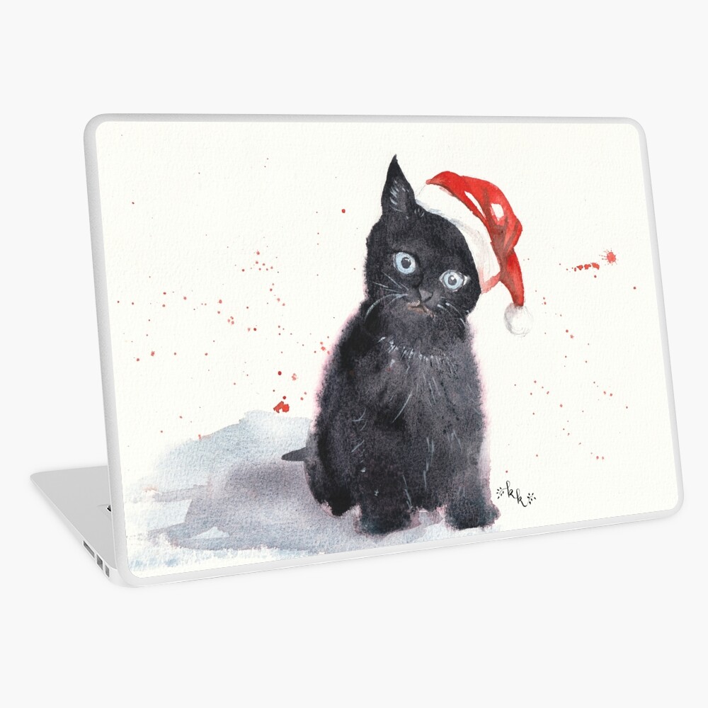 Christmas Kitty Cat Watercolour Painting Art Laptop Skin