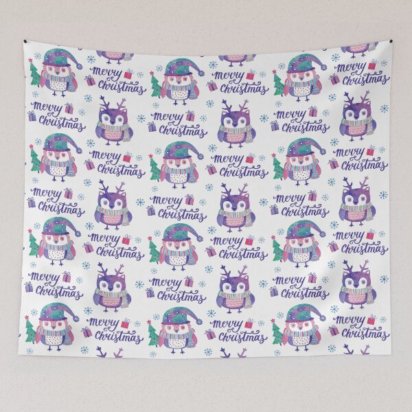 Item preview, Cute winter watercolor owls and lettering "Merry christmas" designed and sold by Darina Gulbina.