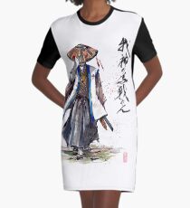 Samurai Crusader with Calligraphy Graphic T-Shirt Dress