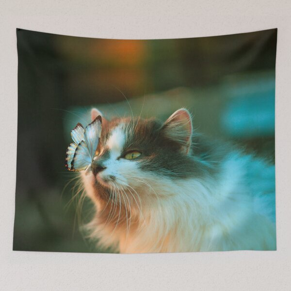 Item preview, Aesthetic cat in the garden says hey to a butterfly! designed and sold by urban-color.