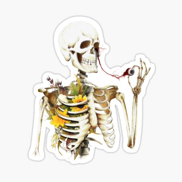 Floral skeleton pulling his eye out (white) Sticker