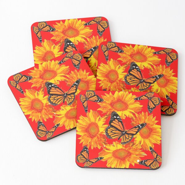 Item preview, ORANGE SUNFLOWERS MONARCH BUTTERFLIES RED PATTERN ART designed and sold by sharlesart.