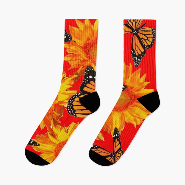 Item preview, ORANGE SUNFLOWERS MONARCH BUTTERFLIES RED PATTERN ART designed and sold by sharlesart.