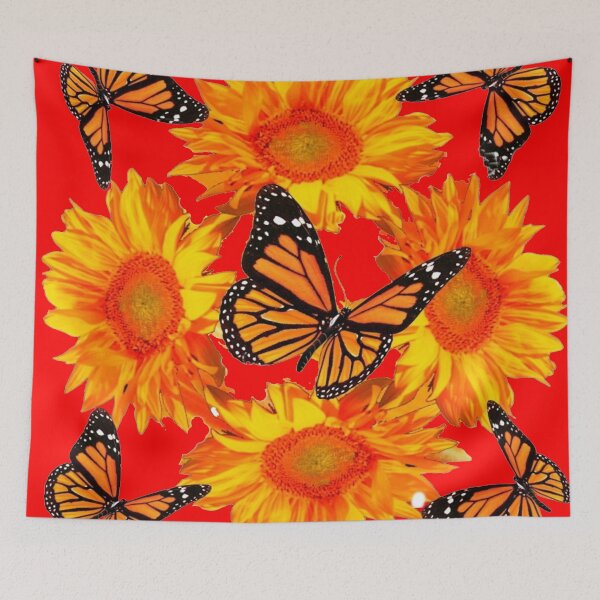 Item preview, ORANGE SUNFLOWERS MONARCH BUTTERFLIES RED PATTERN ART designed and sold by sharlesart.