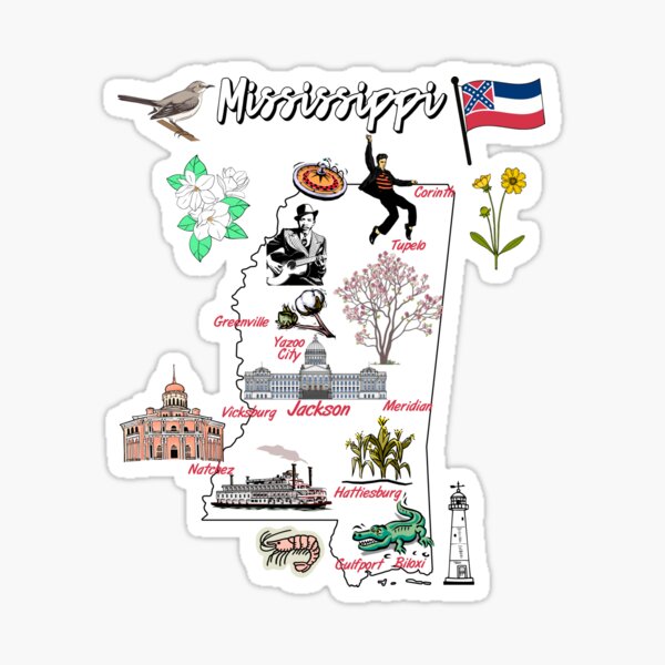 illustrated Map of Mississippi in US with the major Cities and 