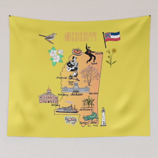 Item preview, Hand Drawn Illustration of Mississippi state Map with Tourist Destinations, USA designed and sold by mashmosh.