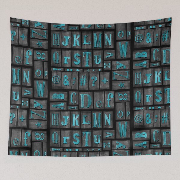 Item preview, Wood Printing press alphabet blocks in Turquoise ink designed and sold by Quick Brown Fox Canada.