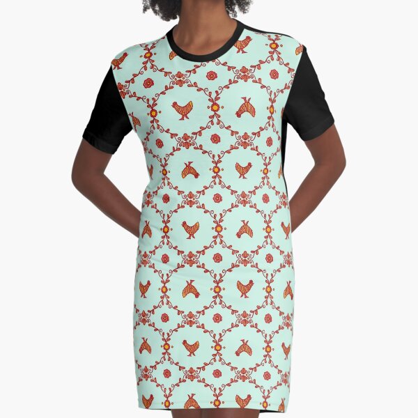 Green Chickens Leaves and Flowers Graphic T-Shirt Dress