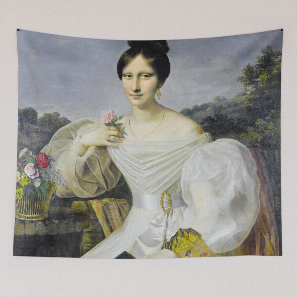 Item preview, Mona Lisa dressed as "A lady in a white dress and shawl before a Viennese landscape." designed and sold by brushandframes.