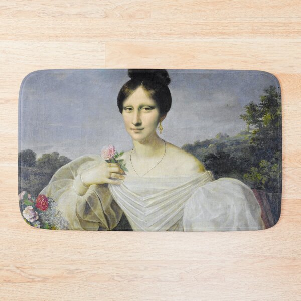 Item preview, Mona Lisa dressed as "A lady in a white dress and shawl before a Viennese landscape." designed and sold by brushandframes.