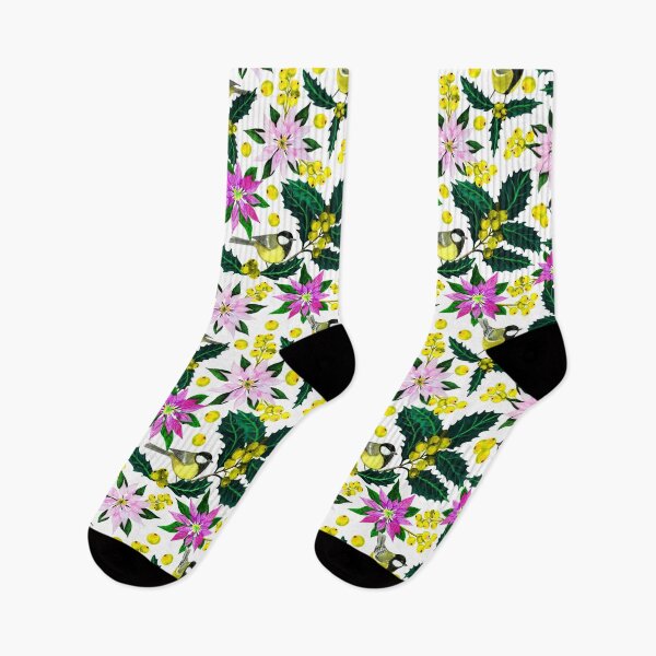 Item preview, Watercolour Christmas pattern, holly, pink poinsettia, yellow berries, birds, white background. designed and sold by Natalya Alexandrou.