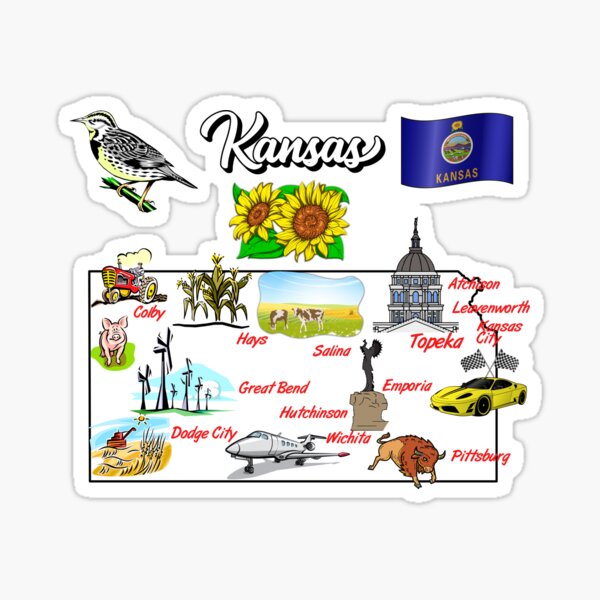 Artikel-Vorschau von illustrierte Karte von Kansas in den USA mit den wichtigsten Städten und Symbolen, designt und verkauft von mashmosh.