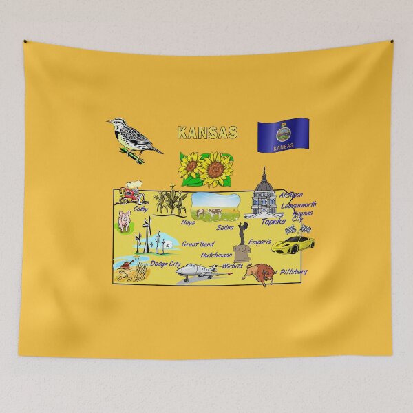 Item preview, Hand Drawn Illustration of Kansas Map with Tourist Destinations, landmarks, USA designed and sold by mashmosh.