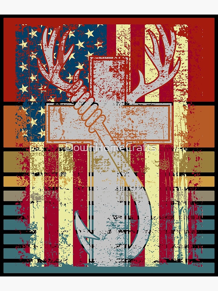 AMERICAN PATRIOTIC CHRISTIAN CROSS FISHING HOOK HUNTING DEER ANTLERS SUNSET  5 | Poster