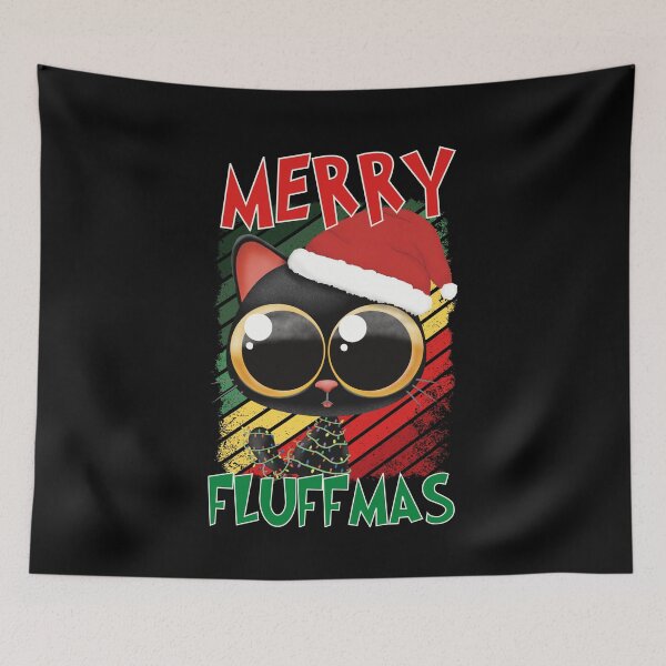 Item preview, Merry Fluffmas Kawaii Black Cat Tangled In Christmas Lights in a Santa Hat With Green Yellow Red Background designed and sold by OnyxTurtle.