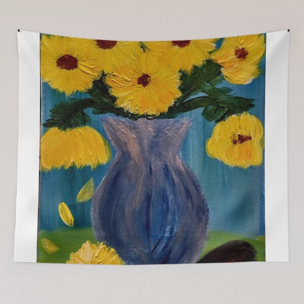Item preview, sunflowers in a glass blue vase in vintage style designed and sold by kkartwork.