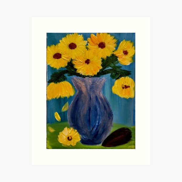 sunflowers in a glass blue vase in vintage style Art Print