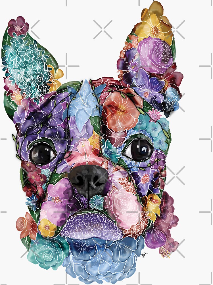 Discover Boston Terrier, Boston Terrier Lover Gift, Boston Terrier Floral, Flower Boston Terrier Sticker